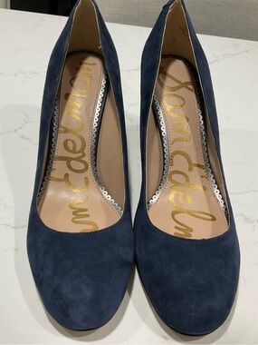Sam Edelman Junie Navy Suede Block Heel Pumps Size 8 Round Toe 3” Heel